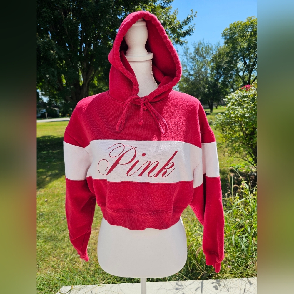 Victoria secret pink cropped hoodie small red and white